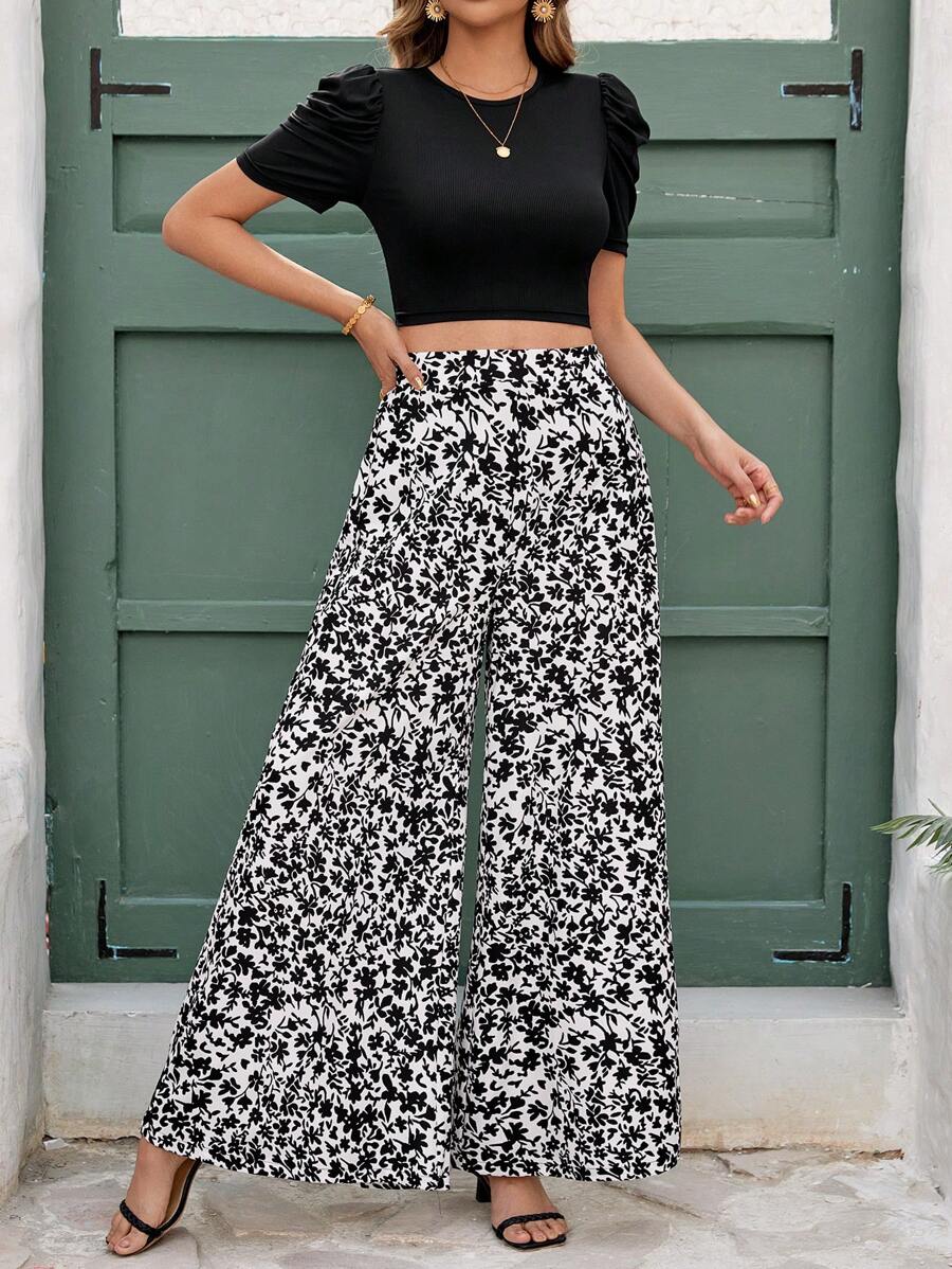 SHEIN Clasi Summer Elegant Women's Black Short Sleeve Bubble Leg Sleeve Knitted Elastic Ribbed Solid Color T-Shirt And Small Floral Elastic Waist Wide Leg Straight Tube Long Pants Two Pieces Set, Suitable For Various Occasions, Home Leisure, Daily Commuting