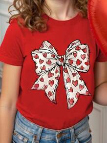 Young Girl' Fashionable Cute Red Heart & Bow Print Short Sleeve Round Neck T-Shirt, Suitable For Festivals, Party And Daily Wear