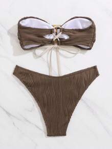 SHEIN 2pcs Women Sexy Simple Bikini Set, Bandeau Top & Triangle Bottom, Special Fabric, For Summer Vacation - Coffee Brown - View 2