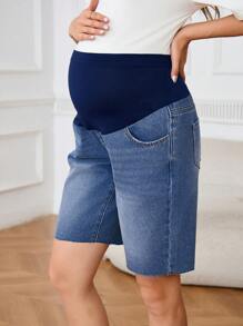 SHEIN Adjustable Waist Pregnancy Denim Shorts With Pockets, Casual