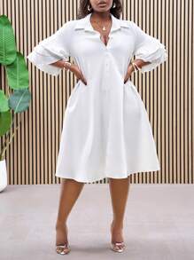 Slaydiva Women Solid Color Simple Casual Beach Short Sleeve Layered Ruffle Sleeve Shirt, Uneven Hem Mid-Length Dress,Graduation Dress - White - View 5