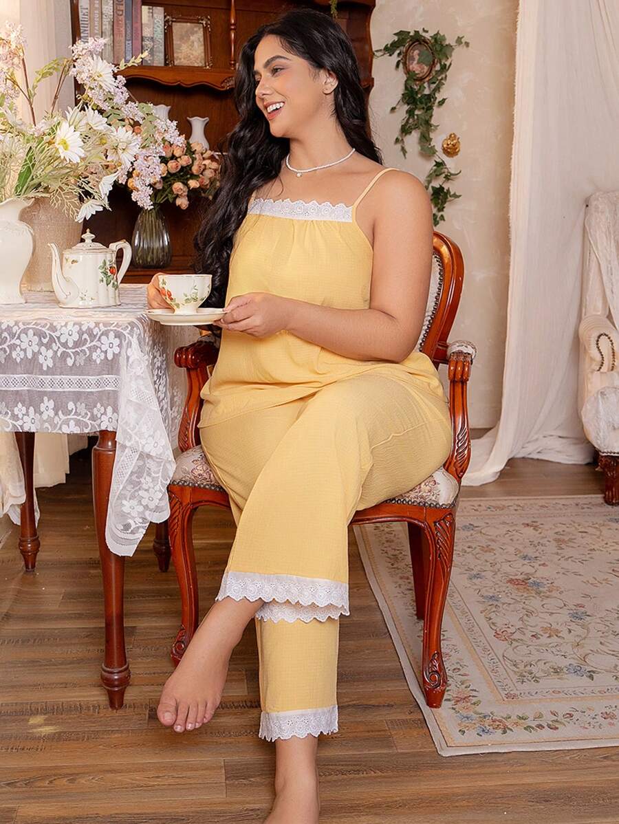 大码蕾丝拼布吊带背心睡衣套装