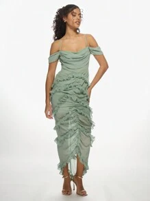 MISSGUIDED Elegante vestido largo con hombros descubiertos, fruncido, con detalles de volantes, vestido de noche para ocasiones especiales, boda, invitado, escote de corazón, vestido de fiesta de Navidad