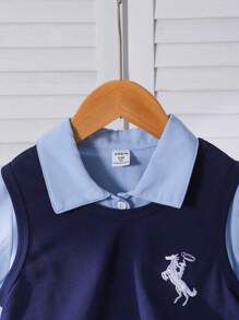 SHEIN Conjunto de 2 piezas de vestido casual y lindo para niñas con estilo de academia: Camiseta de tirantes azul marina con blusa de cuello de camisería tejida azul claro, conjunto formal para niña joven