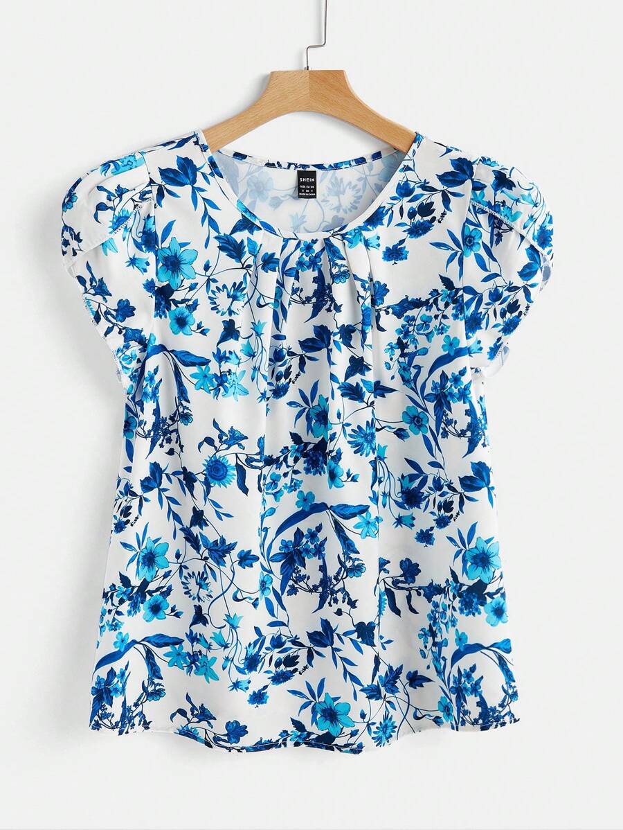 SHEIN VCAY 轻盈假日夏季宽松印花女式衬衫裙 - 藍色 - 查看 1