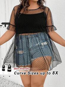 SHEIN CURVE+ Women's Plus Size Black Sheer Mesh Perspective Cover Up Top For Music Festival - Black - View 1