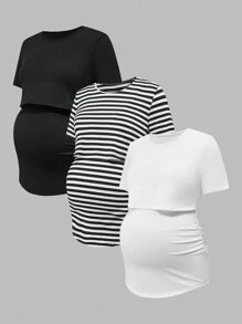 SHEIN 3pcs Maternity Striped Short Sleeve T-Shirt Set, Summer - Black and White - View 16