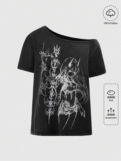 Grunge Punk Camiseta gráfica de manga corta con hombro asimétrico, estampado punk y efecto desgastado para mujer de talla grande