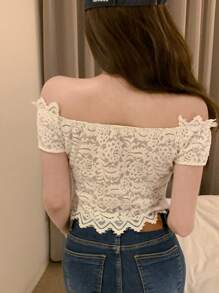 DAZY 女士蕾丝圆领短袖修身露脐可爱性感休闲夏季系带上衣度假 - 白色 - 查看 6