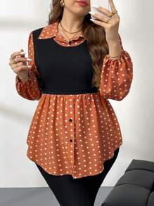 SHEIN LUNE Plus Size Women's Polka Dot Print Long Sleeve Shirt Fall Women Holiday Business Casual Woman Going Out Tops