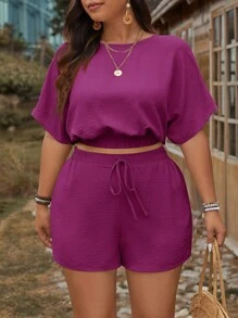 SHEIN LUNE Plus Size Women Solid Color Round Neck Batwing Sleeve Shirt & Shorts 2 Pieces Set Spring Break Summer Outfits Casual Set - Red Violet - View 1