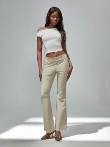 TRNVIE Women Spring/Summer Vintage Style Low Waist Fawn Color Metal Ring Buckle Elastic Comfortable Versatile Flare Pants Fall Cloth For Women - Apricot - View 4