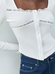 Maija White,Autumn,Elegant,Brunch Women's Lace Stitching Knitted Daily Casual Tops,Urban Modern Old Money Style Date Wear Retro 90s Bohemian Clothing - Black - View 2