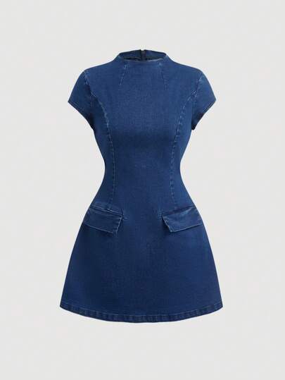 SHEIN MOD Women's Casual Denim Mini Bodycon Dress, Blue,Casual Solid  Crew Neck Short Sleeve Side Drawstring Women Mini Dress, Cozy Chic, Daily Commute,Summer Dresses Spring Clothes,Blue,Suitable For Parties, Holidays, Dates, Valentine's Day, Afternoon Tea, Summer / Summer Outfits / Summer Clothes,Year-Round,For Spring/Summer Holiday,Suitable For Summer, Vintage