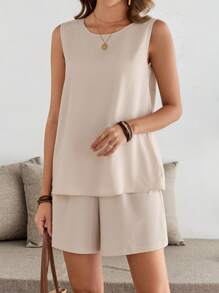 EMERY ROSE 2pcs/Set Women's Solid Color Crew Neck Sleeveless Top And Shorts Set - Khaki - View 6
