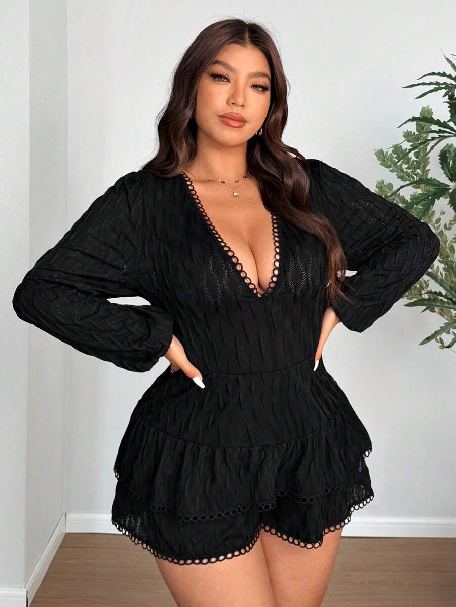 SHEIN Clasi 大码女式纯色灯笼袖深 V 领连体裤 - 黑色 - 查看 1