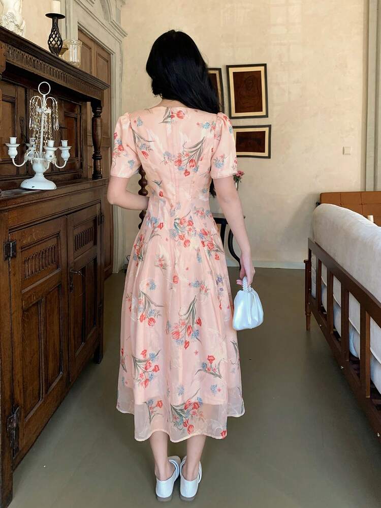 Solid Color Square Neck Puff Sleeve Women's Mid-Length Dress Sundress Maxi Dress Boho