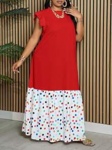 Slaydiva Plus Size Loose Solid White Spliced Colorful Polka Dot Sleeveless Ruffle Trim Spliced Stand Collar Long Dress For Women, Spring/Summer - Red - View 7