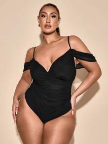 SHEIN BAE Plus Size Women's Black Elegant Draped Open Shoulder Bodysuit, Sexy & Suitable For Daily Wear, Outing, Date, Afternoon Tea, Vacation, Spring/Summer - Black - View 3