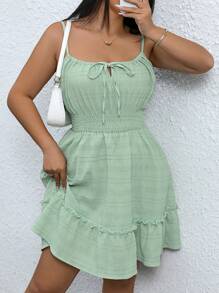 SHEIN Clasi Vestido de tiras con cordón y volantes de unicolor para tallas grandes - Verde militar - Ver 7