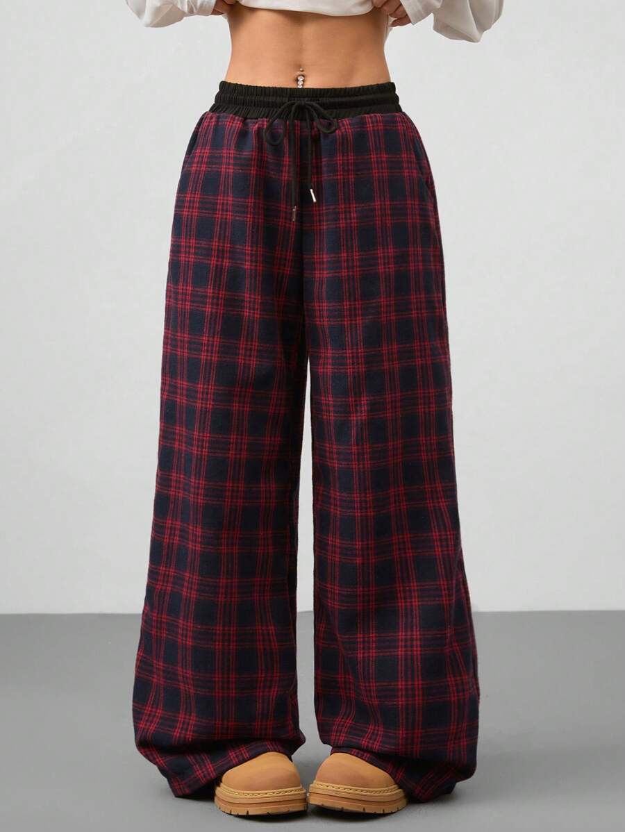 Coolane Women's Casual Loose Checked Wide Leg Pants - Red - View 1