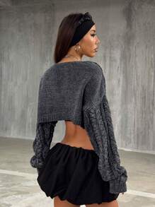 StreetHx Streetwear Women Gray Ribbed Twist Open Front Thin Cardigan, Spring/Summer - Black - View 3