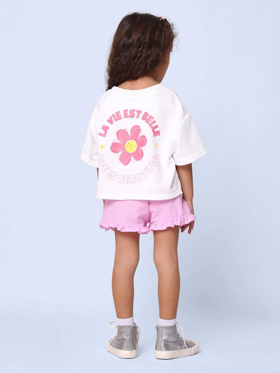 SUMWON Ruffle Short Set Children Summer Playset T-Shirt Co-Ord Ensemble Spring Casual Toddler Two-Piece Outfit Vacation Beachwear Daytime Wear Vacation - Pink - View 1