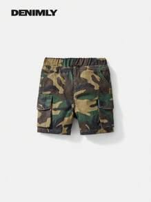SHEIN Baby Boy Urban Street Cool Camouflage Loose Fit 100% Cotton Cargo Jean Shorts, Fully With Elastic Waistband. Front Pockets And Flap Patch Pocket At Sides. And Soft - Army Green - View 5