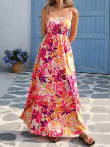 Vivid Eden Woven Floral Print Maxi Slip Dress For Women,Beige,Summer,Boho,Beach,Holiday, And Elegant Bohemian Sweet Tropical Vacation Outfit,Festival - Multicolor - View 1