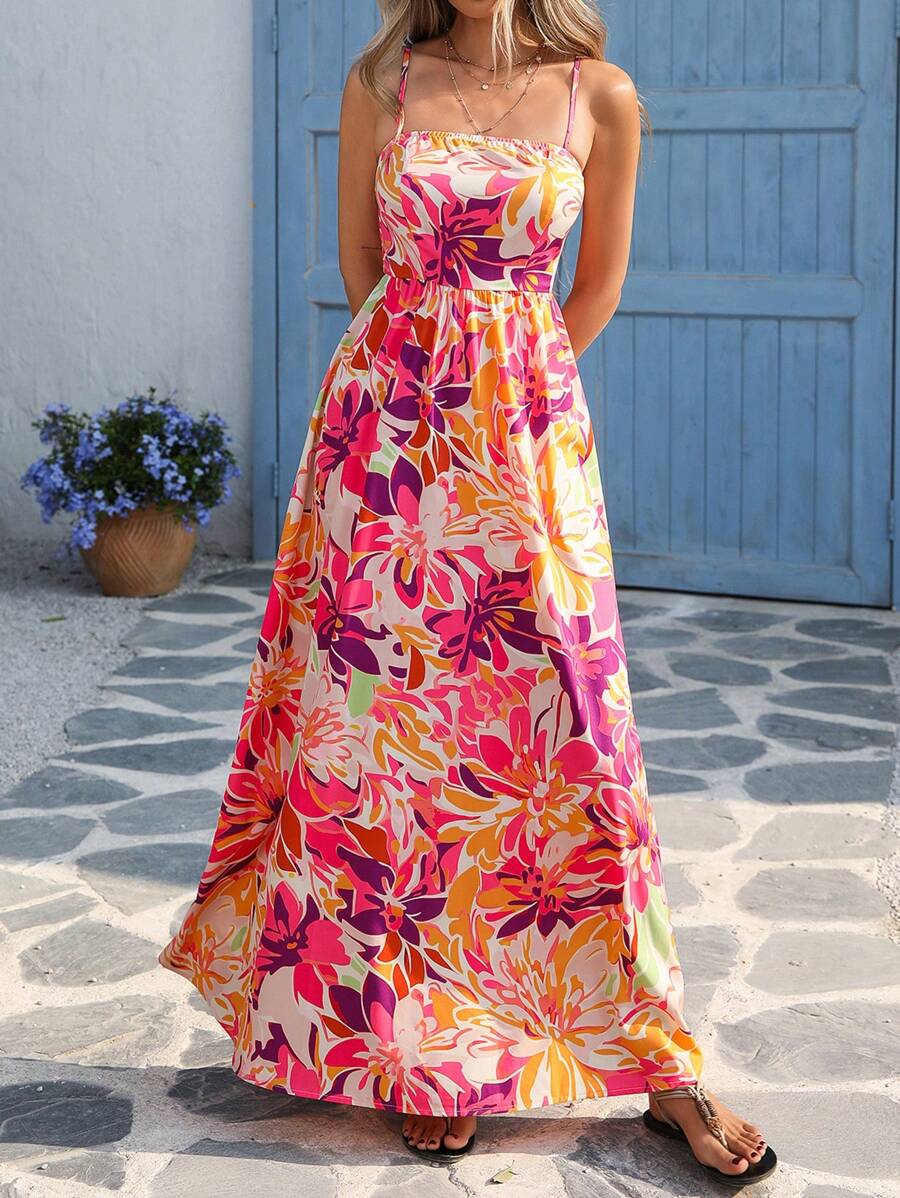Vivid Eden Woven Floral Print Maxi Slip Dress For Women,Beige,Summer,Boho,Beach,Holiday, And Elegant Bohemian Sweet Tropical Vacation Outfit,Festival - Multicolor - View 1