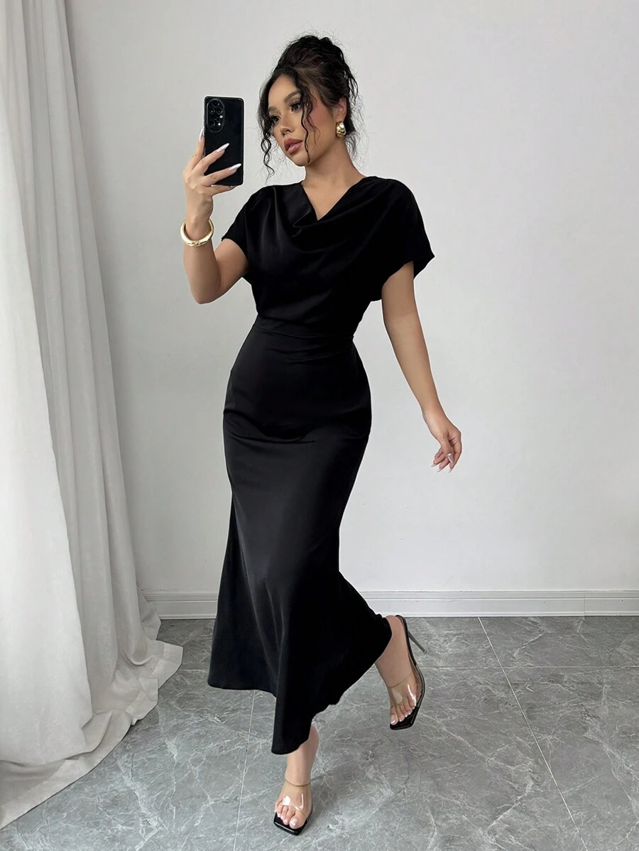 RosyDaze Đầm đuôi cá trễ vai màu trơn thanh lịch & lãng mạn, cổ xếp nếp, thắt eo cho nữ, đầu mùa xuân - màu đen - Xem 1