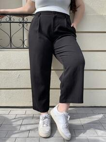 Dazy Plus Plus Size Women Two-Button Design Fitted Straight-Leg Ankle Pants, Business Casual For All Seasons Fall/Winter - Black - View 1