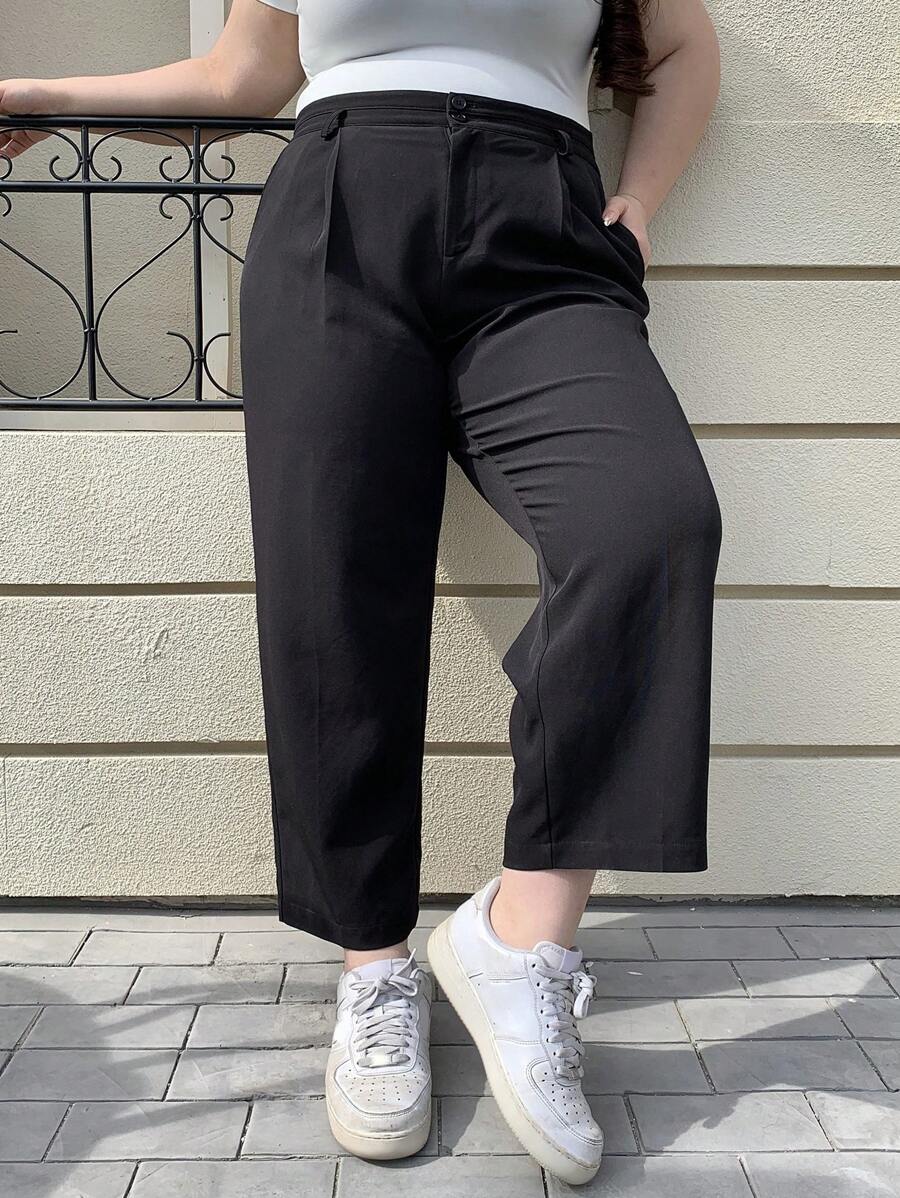 Dazy Plus Plus Size Women Two-Button Design Fitted Straight-Leg Ankle Pants, Business Casual For All Seasons Fall/Winter - Black - View 1