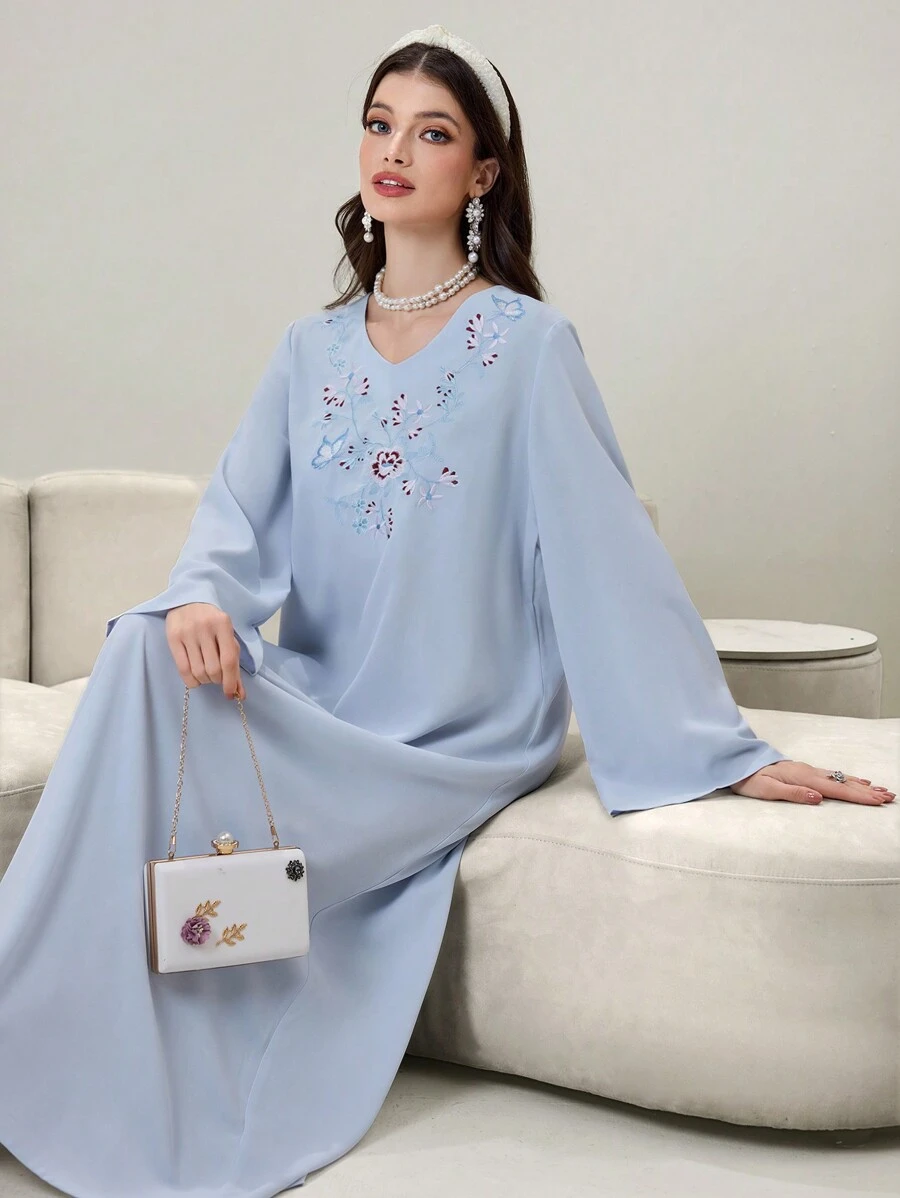 Yasmyna V-Neck Loose Fashion Long Robe Dress, Elegant Embroidery Design Front, Fashionable And Graceful Women Long Arabic Robe - Blue - View 1