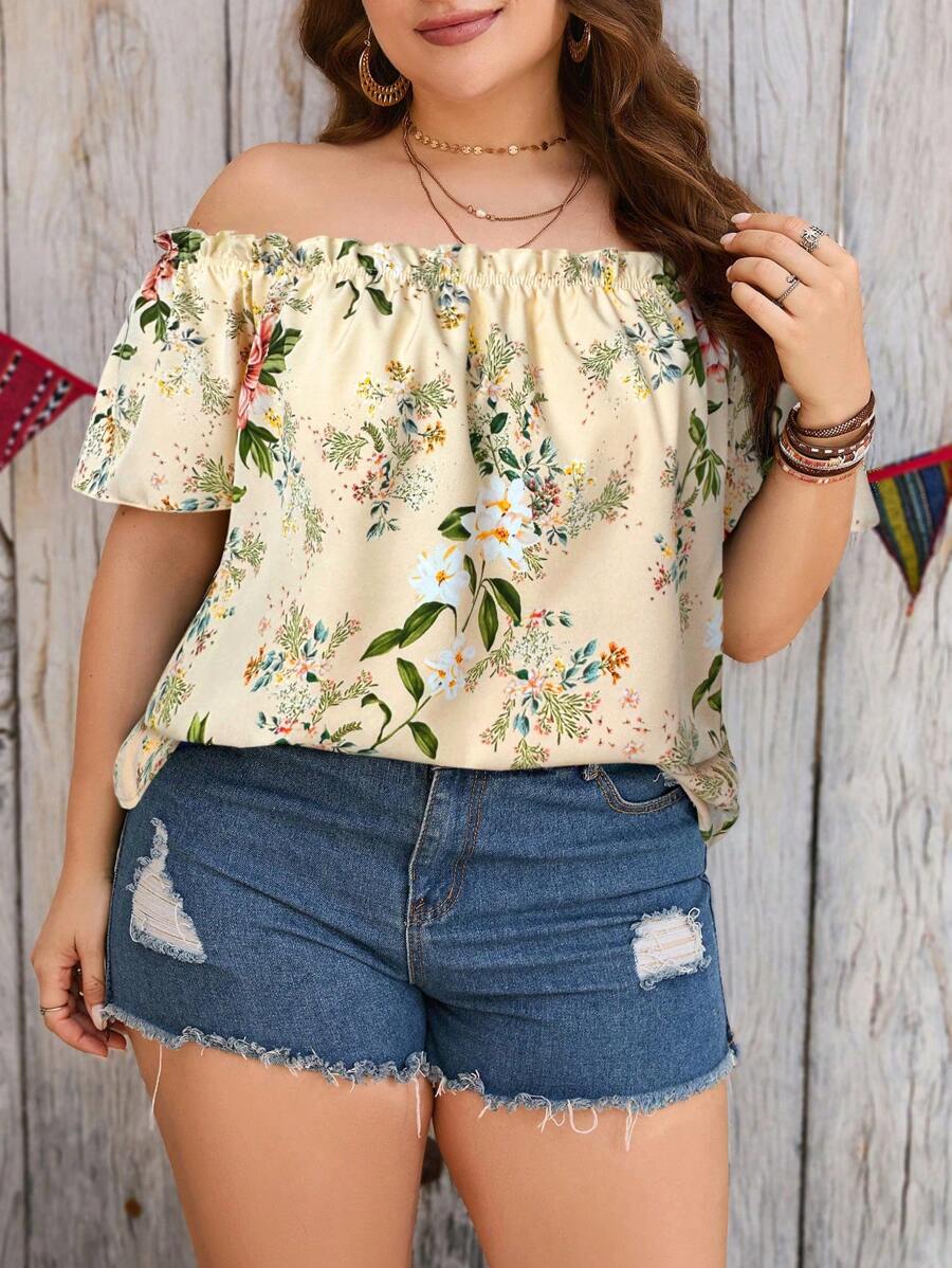 SHEIN VCAY Plus Size Off Shoulder Short Sleeve Floral Print Casual Shirt - Apricot - View 1