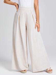 SHEIN LUNE 高腰褶皱斜口袋阔腿裤，女士优雅休闲度假长裤 - 杏色 - 查看 2