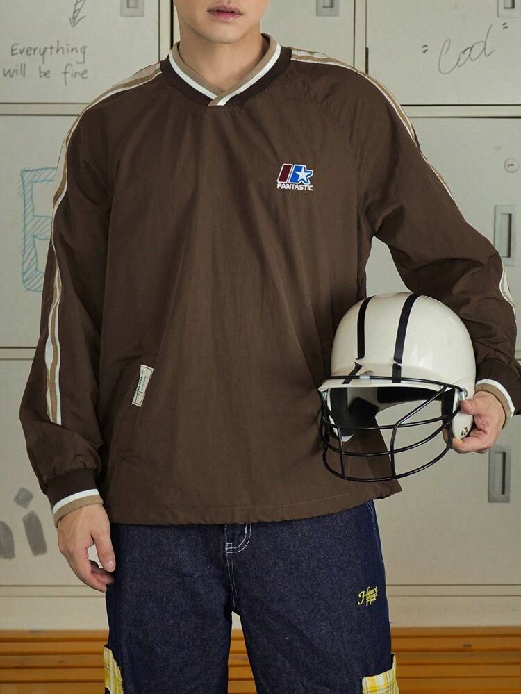 Men Letter Embroidery Striped Print Long Sleeve Casual T-Shirt, Autumn Business Attire