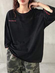 FRIFUL 女士黑色宽松T恤，装饰缝线和字母印花，短袖，休闲夏装超大T恤 - 黑色 - 查看 3