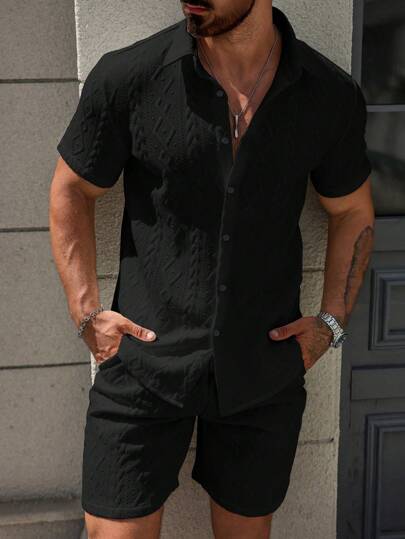 Manfinity CasualCool 男士纯色短袖衬衫和纹理短裤，两件套，舒适服装