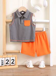 SHEIN 2 Teile Set für Baby Jungen/Mädchen, bestehend aus kontrastfarbigem gestricktem weichem ärmellosen Top und Shorts mit Gummibund