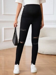 SHEIN Adjustable Waist Maternity Ripped Distressed Skinny Jeans - Black - View 5