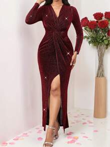 SHEIN Lady 女士立体印花连衣裙，优雅浪漫派对礼服，开衩下摆连衣裙