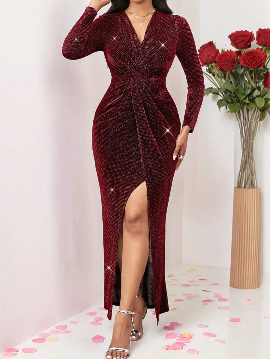 SHEIN Lady 女士立体印花连衣裙，优雅浪漫派对礼服，开衩下摆连衣裙