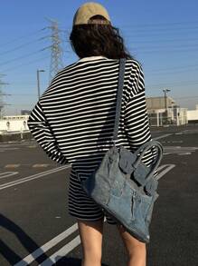 DAZY 2 pezzi/set, camicia a maniche lunghe a righe e pantaloncini larghi casual da donna per vacanze, set donna primavera/estate, corti