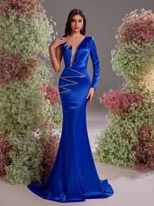 Glamrae 优雅华丽蓝色弹力缎面异形胸前贴片水钻链条不对称肩长袖紧身鱼尾支撑婚礼宾客礼服，适合晚宴单身派对约会度假节日返校季婚礼活动晚礼服，正式礼服