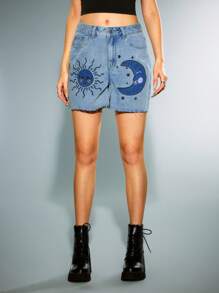 ROMWE Hippie Women's Sun, Moon And Stars Mysterious Embroidered Denim Shorts - Blue - View 4