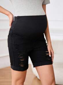 SHEIN Maternity Casual Solid High Waist Ripped Denim Shorts - Black - View 5