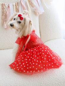 PETSIN 1 件宠物通用情人节红心亮片刺绣网眼蝴蝶结装饰连衣裙，华丽可爱的狗狗服装