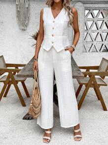 EMERY ROSE Conjunto de chaleco y pantalones de un solo boton en color solido para mujer