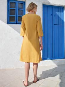 EMERY ROSE Vestido de manga larga con cuello redondo de largo hasta el tobillo casual para mujer, con un diseño frontal artesanal, adecuado para primavera y verano, ajuste suelto